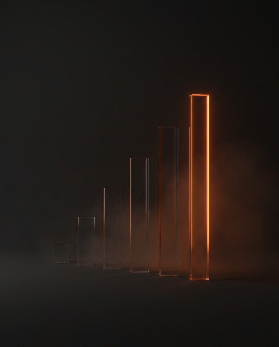 An ascending row of glass rods on a dark floor, edge-lit in orange like a bar chart